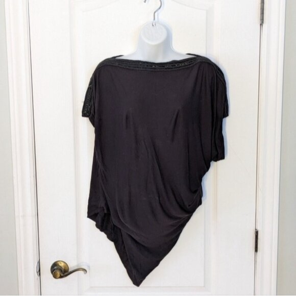 Allsaints Oriel Slouchy Tee Embelished Boat Neckline Asymmetrical Black Top 0 US - Picture 6 of 7